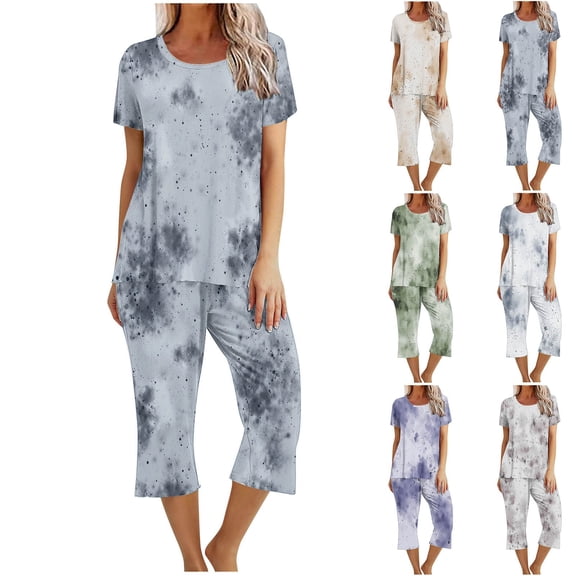 VBTAPA Womens Pajama Sets Tie Dyr Print Pj Set Short Sleeve Top with Capri Pants Sleepwear 2 Piece Lounge Set Blue L