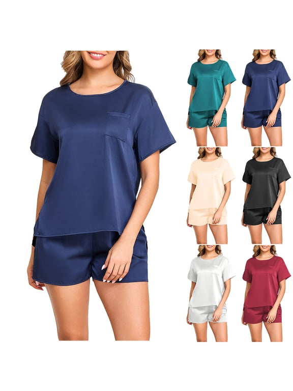 Womens Pajama Shorts Sets Cute Pj Sets 2 Piece Satin Silk Pajamas Short Sleeve Lounge Set Summer Comfy Loungewear Navy S