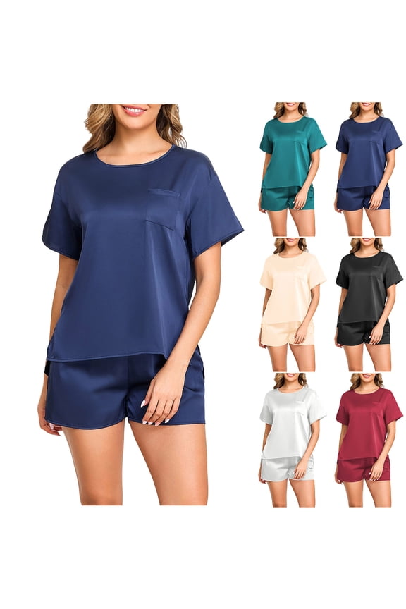Womens Pajama Shorts Sets Cute Pj Sets 2 Piece Satin Silk Pajamas Short Sleeve Lounge Set Summer Comfy Loungewear Red XXL