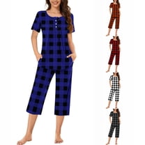VBTAPA Womens Plaid Pajama Sets 2 Piece Summer Sleepwear Ladies Pjs Henley Neck Short Sleeve Top and Capri Pants with Pockets Orange S