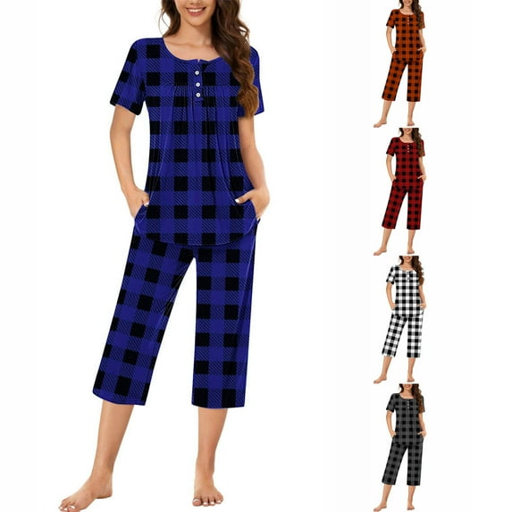 VBTAPA Womens Plaid Pajama Sets 2 Piece Summer Sleepwear Ladies Pjs Henley Neck Short Sleeve Top and Capri Pants with Pockets White XXXL