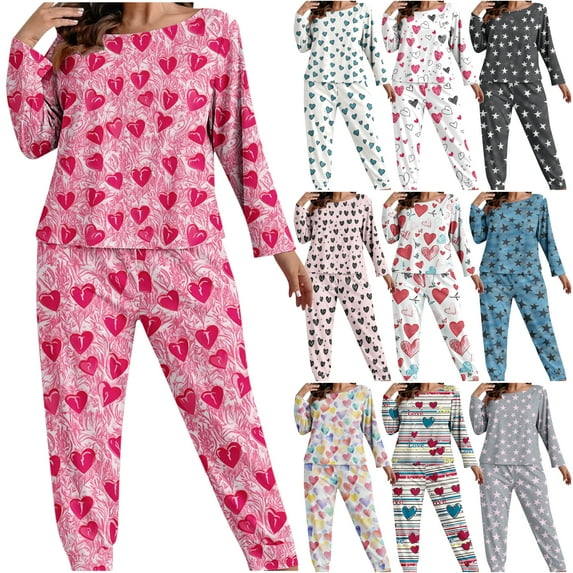 VBTAPA Womens Plus Size Pajama Sets 2 Piece Lounge Pajamas Cute Heart Print Long Sleeve Pjs Top and Pants Soft Pj Set Loose Comfy Sleepwear Gray XXXXL
