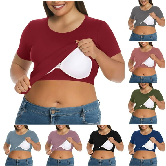 VBTAPA Womens Plus Size T-shirts with Built in Bra Casual Workout Undershirts Slim Fit Short Sleeve Crewneck Tee Tops Black XXL