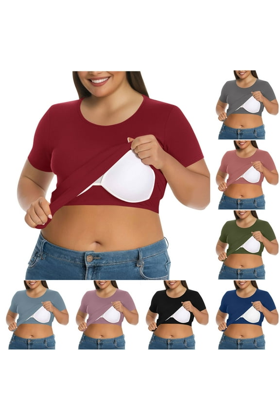 Womens Plus Size T-shirts with Built in Bra Casual Workout Undershirts Slim Fit Short Sleeve Crewneck Tee Tops Blue XXXL