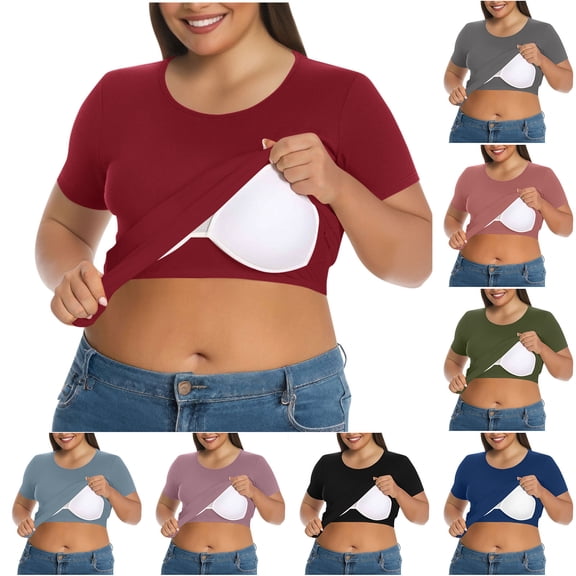 VBTAPA Womens Plus Size T-shirts with Built in Bra Casual Workout Undershirts Slim Fit Short Sleeve Crewneck Tee Tops Gray L