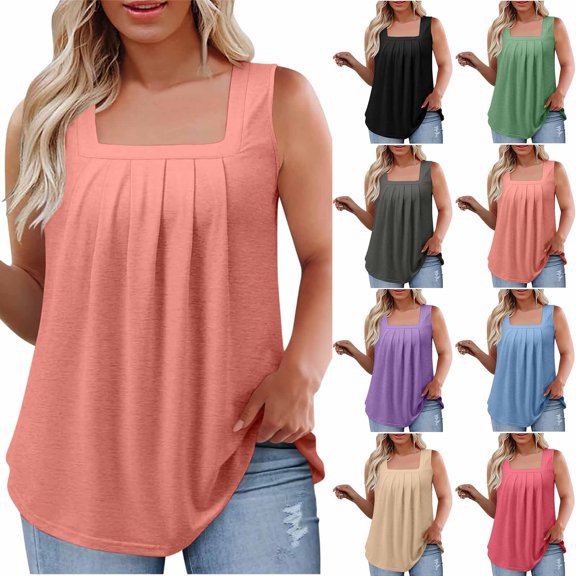 VBTAPA Womens Plus Size Tank Tops Square Neck Sleeveless Pleated T Shirt Solid Casual Summer Tanks Loose Flowy Hide Belly Shirts Khaki XL