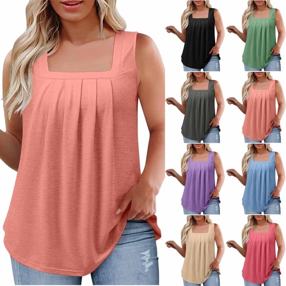 VBTAPA Womens Plus Size Tank Tops Square Neck Sleeveless Pleated T Shirt Solid Casual Summer Tanks Loose Flowy Hide Belly Shirts Pink XXXL