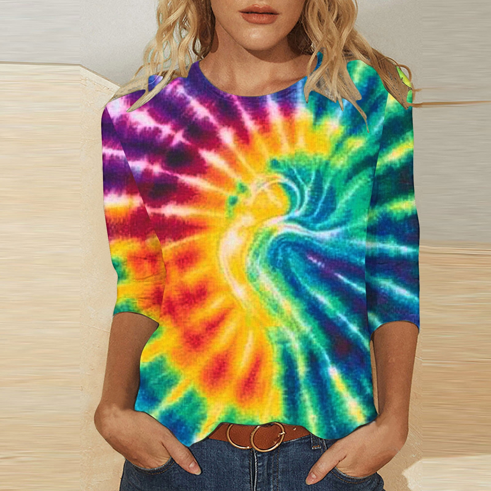 VBTAPA Womens Plus Size Tops 3/4 Sleeve Crewneck T-shirt