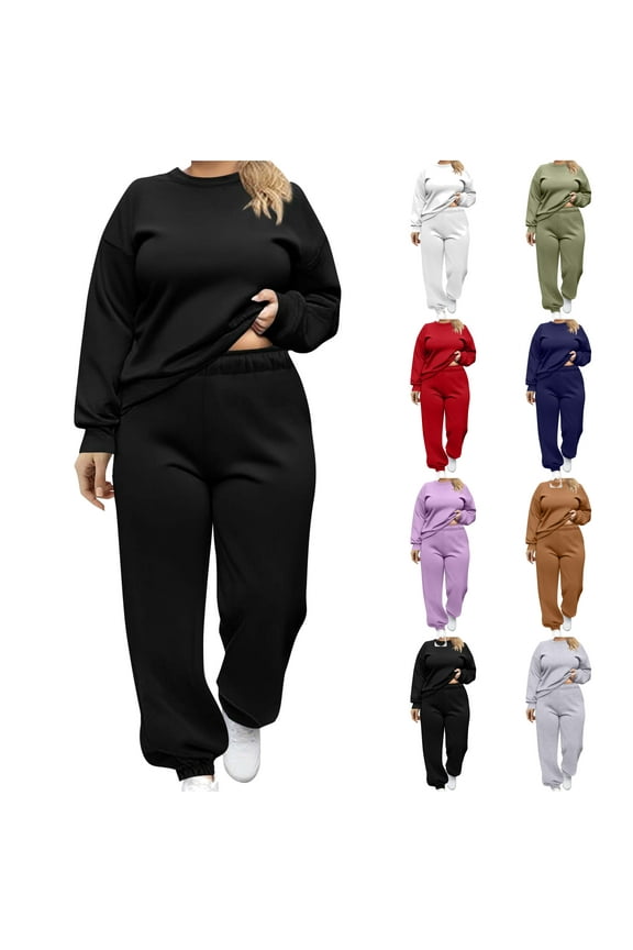 Womens Plus Size Track Suit Oversized Crewneck Sweatshirt and Jogging Sweatpants Sweatsuits 2 Piece Set with Pockets Black L