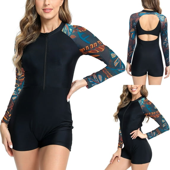 VBTAPA Womens Rash Guard Swimsuit Boyleg Long Sleeve One Piece Bathing Suit UPF 50 Zipper Surfing Athletic Swimwear Backless Beach Wear Limited Time Sales of Today Multicolor S