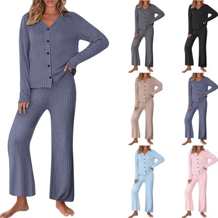 VBTAPA Womens Ribbed Knit Pajama Set 2 Piece Lounge Sets Long Sleeve Button Down Sleepwear Soft Comfy Loungewear Pink M