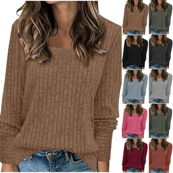 VBTAPA Womens Ribbed Knit Tunic Tops Square Neck Long Sleeve Knitted Sweater Side Split Casual Pullover Going Out Blouse Clearance Sale Khaki XXL