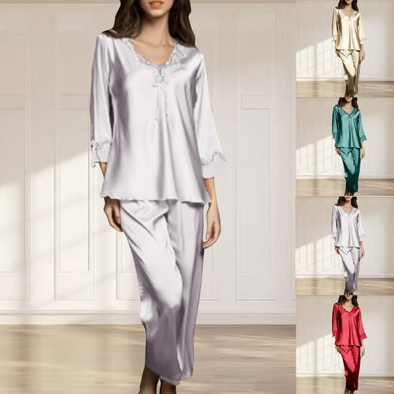 VBTAPA Womens Satin Silk Pajama Set Elegant Lace Nightwear 3/4 Length Sleeve Shirt with Long Pajama Pants Suit Soft Comfy Sleepwear Loose Loungewear Rose Gold XL