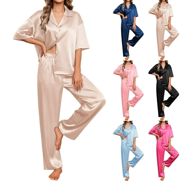 VBTAPA Womens Satin Silky Pajama Set Button Down Sleepwear Short Sleeve Shirt with Long Pants Set Soft Pjs Loungewear Navy XL