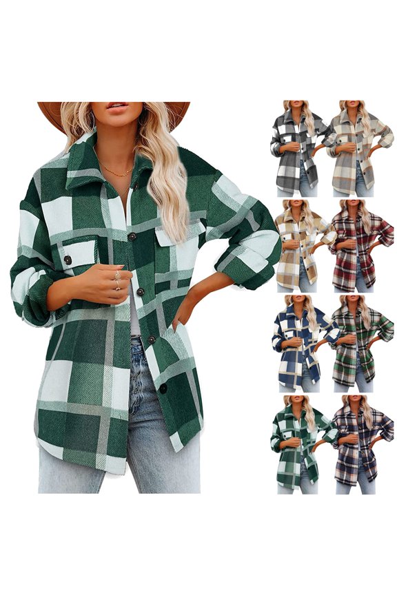 Womens Shacket Jacket Western Plaid Shirts Trendy Casual Button Down Woolen Coat with Pockets Green XXL