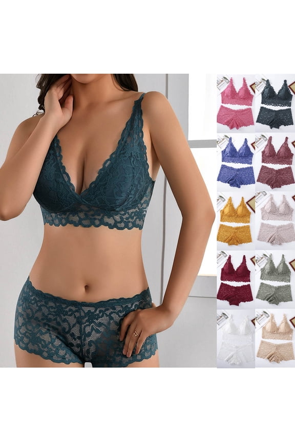 Womens Sheer Floral Lace Pajamas Lingerie Set High Waist Sleepwear Bra and Shorts 2 Piece Housewear Nightwear Army Green M