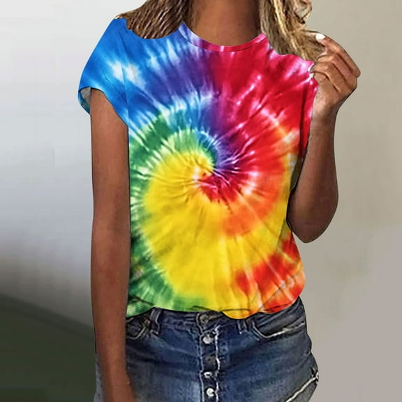 VBTAPA Womens Short Sleeve T-shirts Tie Dye Graphic Tees Summer Casual Workout Round Neck Tee Tops Lightning Sales Multicolor S