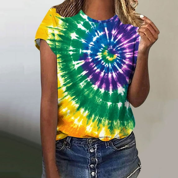 VBTAPA Womens Short Sleeve T-shirts Tie Dye Graphic Tees Summer Casual Workout Round Neck Tee Tops Lightning Sales Multicolor XXL