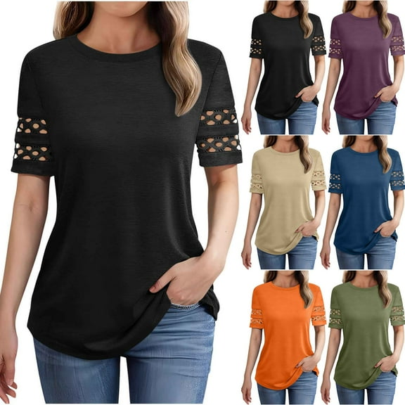 VBTAPA Womens Short Sleeve Tunic Tops Lace Corchet Dressy Casual Blouses Summer Trendy Clothes 2025 Limited Time Sales of Today Black XXL