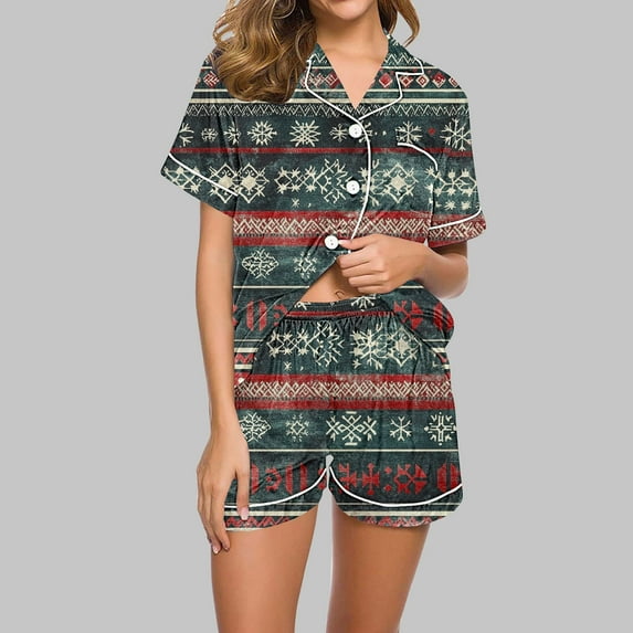 VBTAPA Womens Silk Satin Pajamas Set 2025 Christmas Printed Short Sleeve Sleepwear Button Down Loungewear 2 Piece Pjs Shorts Set Multicolor#30 XL
