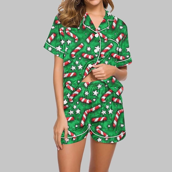 VBTAPA Womens Silk Satin Pajamas Set Matching Christmas Pajamas 2 Piece Short Sleeve Button Down Pj Loungewear Set with Pockets Multicolor#26 S