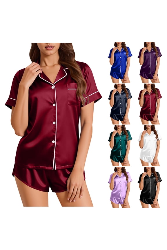 Womens Silk Satin Pajamas Short Sleeve Loungewear Two-Piece Sleepwear Button-Down Pj Set Purple S