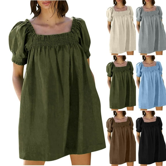 VBTAPA Womens Solid Babydoll Dresses Puff Short Sleeve Square Neck Mini Dresses Loose Casual Beach Dress Flowy Pleated Dresses with Pockets Army Green XXL