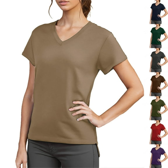 VBTAPA Womens Solid V Neck T-shirts Short Sleeve High Low Hem Tops Summer Casual Workout Basic Tees Limited Time Sales Army Green S