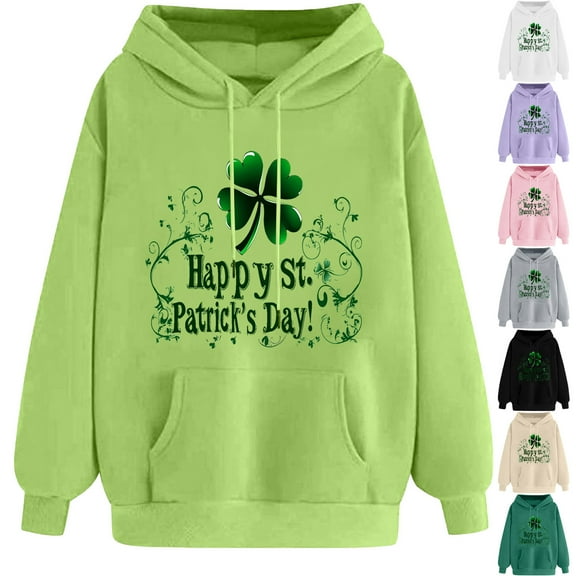 VBTAPA Womens St. Patrick's Day Clover Print Hoodie Trendy Casual Long Sleeve Drawstring Hooded Sweatshirt Irish Shamrock Pullover Tops White XXL