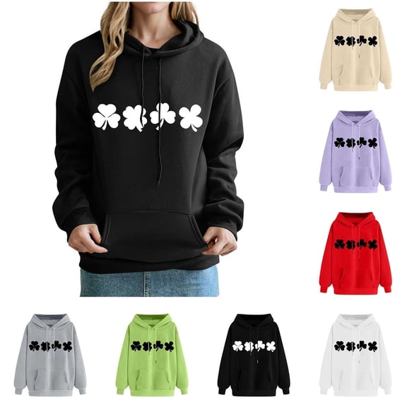 VBTAPA Womens St. Patrick's Day Clover Print Hoodie Trendy Casual Long Sleeve Drawstring Hooded Sweatshirt Irish Shamrock Pullover Tops White S