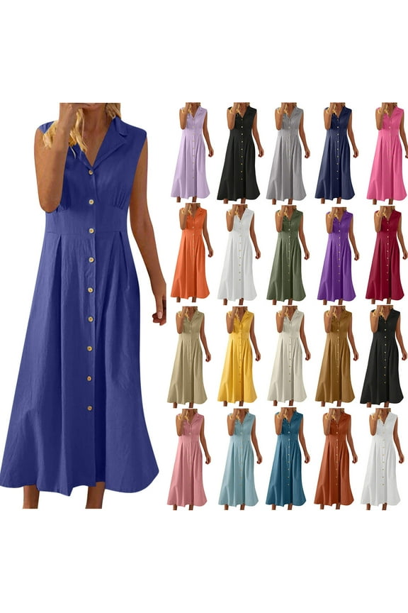 Womens Summer Dresses Cotton Linen Sleeveless Button Down Maxi Shirt Dress Dressy Casual Work Dress Pink S