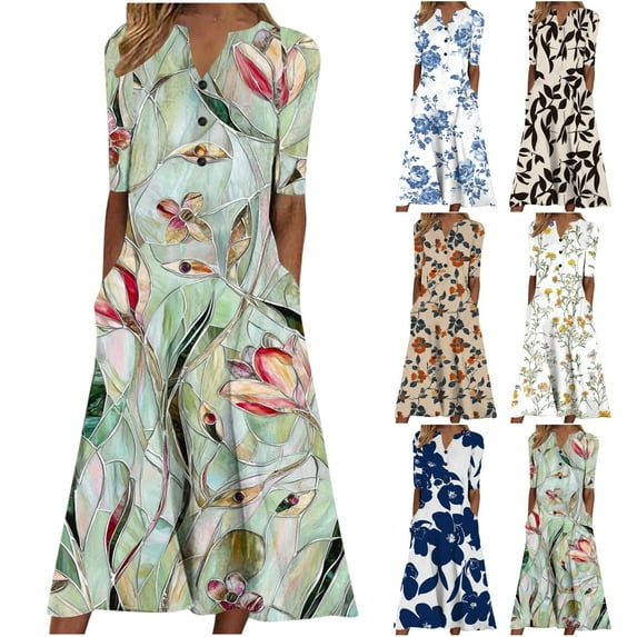 VBTAPA Womens Summer Dresses V Neck Floral Printed Maxi Dress Short Sleeve Casual Beach Dresses Trendy Flowy Vacation Sundresses Blue L