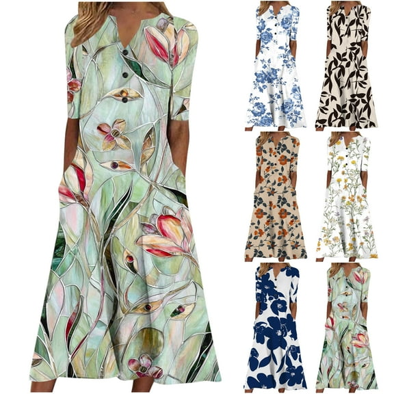 VBTAPA Womens Summer Dresses V Neck Floral Printed Maxi Dress Short Sleeve Casual Beach Dresses Trendy Flowy Vacation Sundresses Khaki L