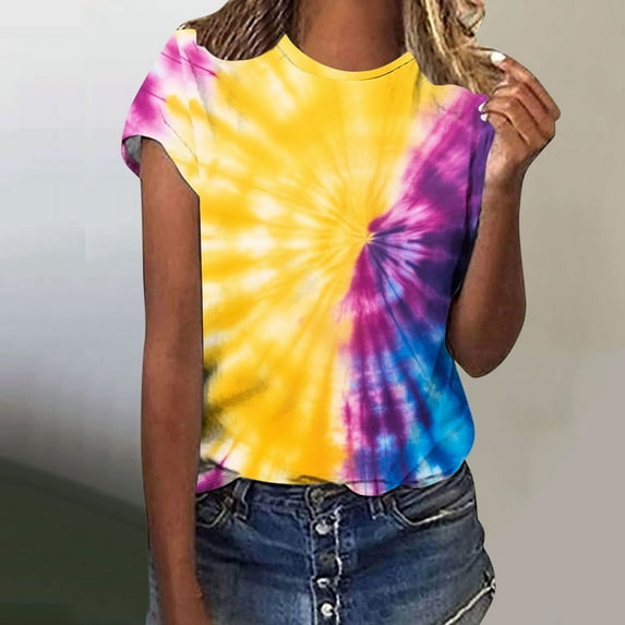 VBTAPA Womens Summer Tops Tie Dye Short Sleeve Round Neck T Shirts Casual Loose fit Blouses Limited Time Sales Multicolor S