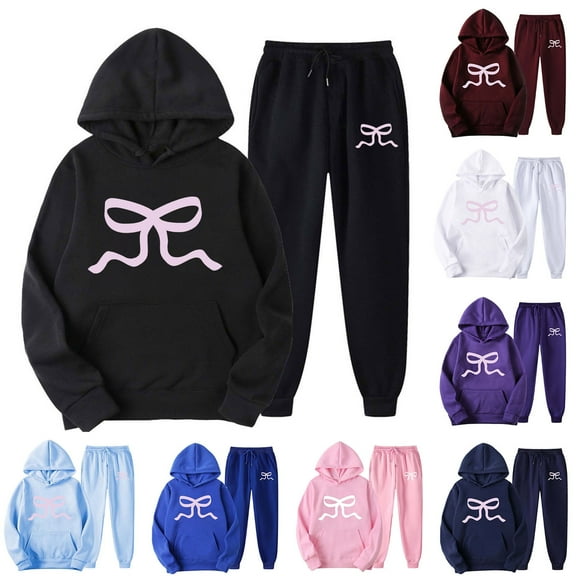 VBTAPA Womens Sweatsuits 2 Piece Set 2026 Casual Sports Outfits Long Sleeve Bow Print Hoodie Sweatshirt Jogger Sweatpants Matching Set Y2K Tracksuit with Pockets Black XXXL