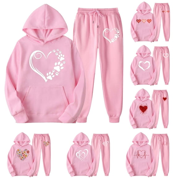 VBTAPA Womens Sweatsuits 2 Piece Set Love Heart Print Pullover Hoodies and Jogger Pants Sets Lounge Jogger Sets Casual Track Suits Pink#6 S