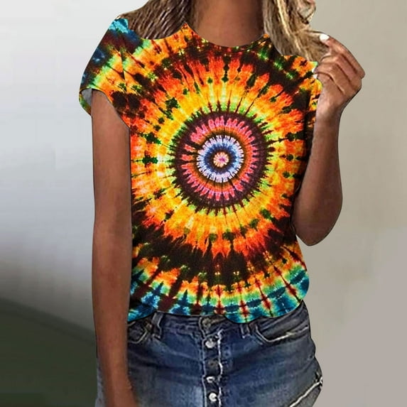 VBTAPA Womens Tie Dye T-shirt Short Sleeve Novelty Graphic Tees Trendy Summer Going Out Blouse Tops Daily Sales Multicolor L
