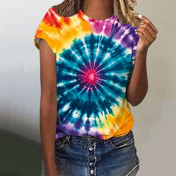 VBTAPA Womens Tie Dye T-shirt Short Sleeve Novelty Graphic Tees Trendy Summer Going Out Blouse Tops Daily Sales Multicolor S