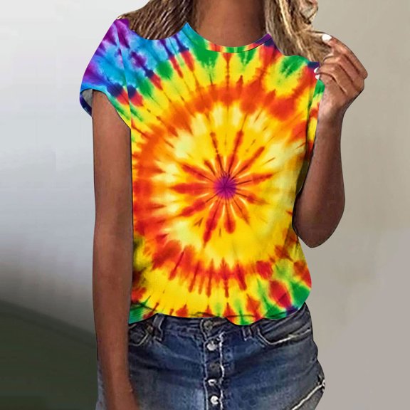 VBTAPA Womens Tie Dye T-shirt Short Sleeve Novelty Graphic Tees Trendy Summer Going Out Blouse Tops Limited Time Sales Multicolor M