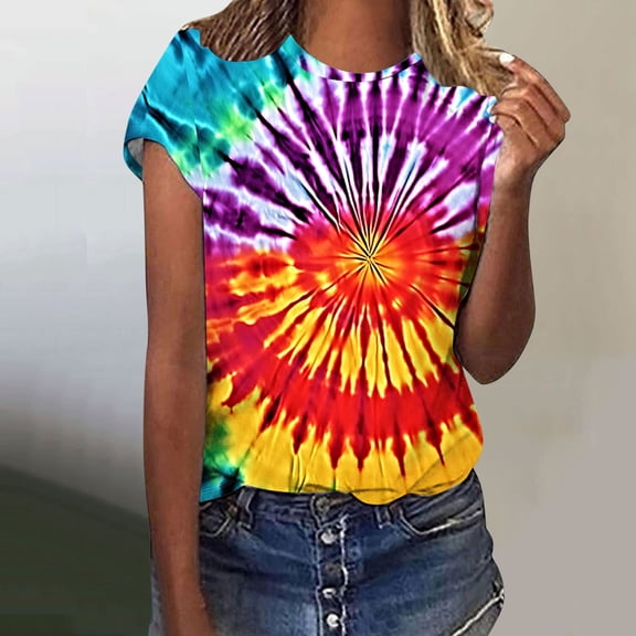VBTAPA Womens Tie Dye T-shirt Short Sleeve Novelty Graphic Tees Trendy Summer Going Out Blouse Tops Limited Time Sales Multicolor S