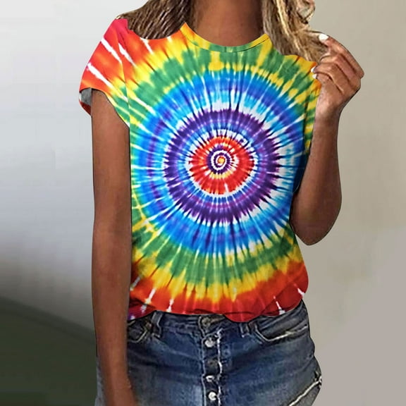 VBTAPA Womens Tie Dye T-shirt Short Sleeve Novelty Graphic Tees Trendy Summer Going Out Blouse Tops Limited Time Sales Multicolor XXL