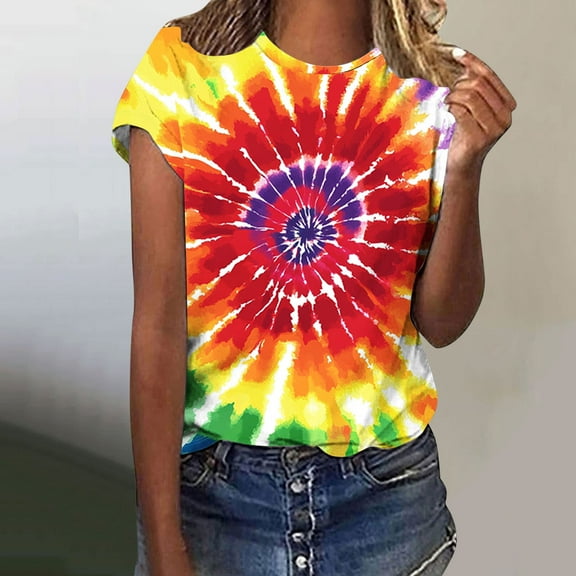 VBTAPA Womens Tie Dye T-shirt Short Sleeve Novelty Graphic Tees Trendy Summer Going Out Blouse Tops Prime Sales of The Day Multicolor L