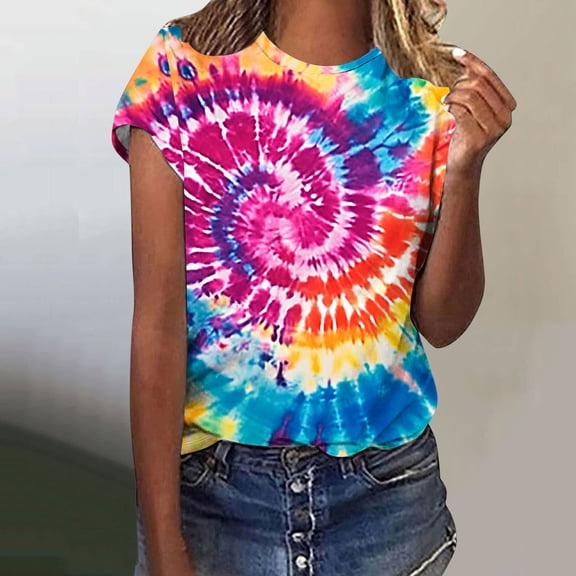 VBTAPA Womens Tie Dye T-shirt Short Sleeve Novelty Graphic Tees Trendy Summer Going Out Blouse Tops Prime Sales of The Day Multicolor S