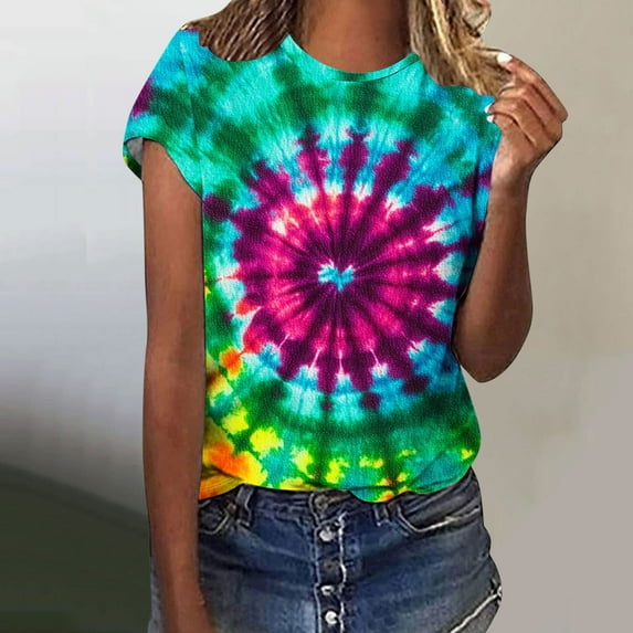 VBTAPA Womens Tie Dye T-shirt Short Sleeve Novelty Graphic Tees Trendy Summer Going Out Blouse Tops Prime Sales of The Day Multicolor XXL