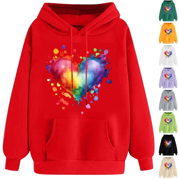 VBTAPA Womens Valentines Day Graphic Hoodies Trendy Casual Long Sleeve Heart Print Hooded Sweatshirt Comfort Pocket Drawstring Pullover Hooidie Yellow L