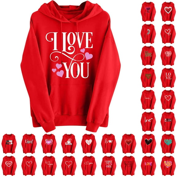 VBTAPA Womens Valentines Day Graphic Hoodies Trendy Casual Long Sleeve Heart Print Hooded Sweatshirt Comfort Pocket Drawstring Pullover Hooidie on Sale Red XL
