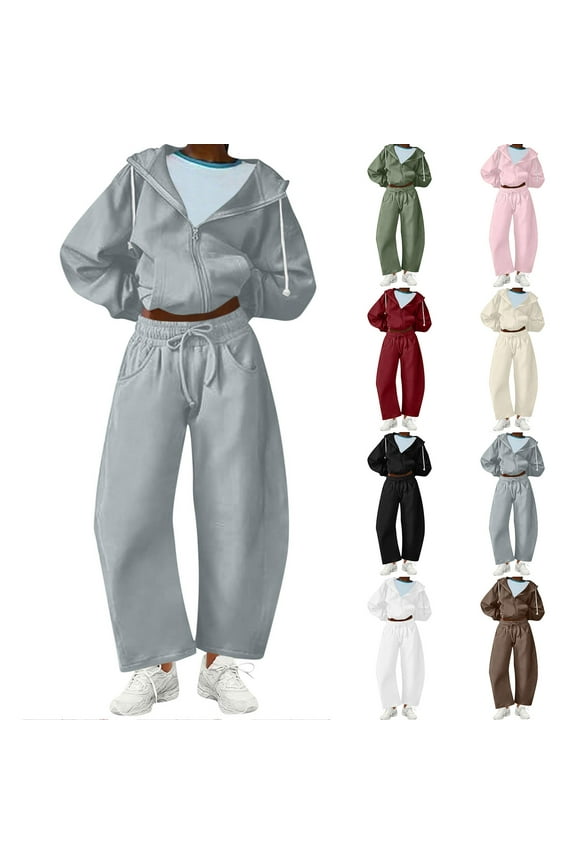 Womens Y2K Track Suit 2 Piece Fall Fashion Outfits Zip Up Cropped Hoodies and Drawstring Wide Leg Pants Sweatsuit Sets Brown M