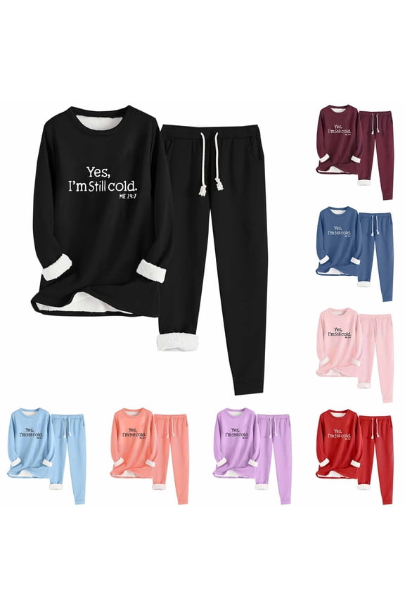 Yes, I'm Still Cold Me 24:7 Sweatsuits for Women Winter Thermal 2 Piece Set Sherpa Fleece Lined Sweatshirt and Sweatpants Loungewear Sets Navy M