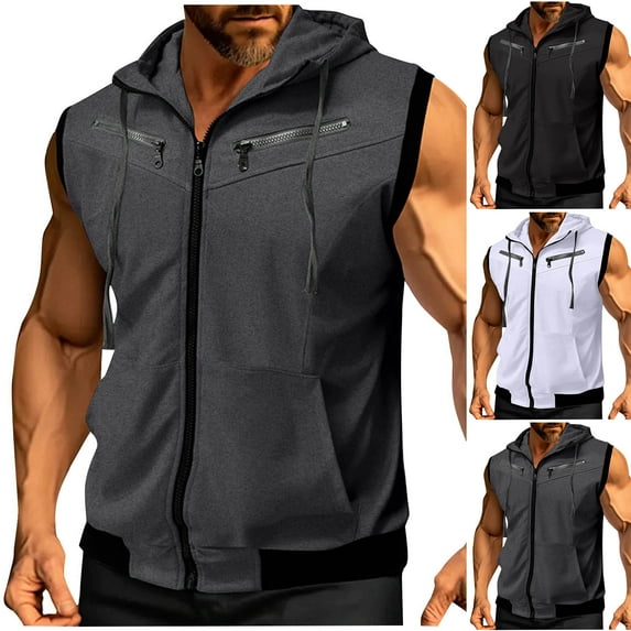VBTAPA Zip Up Hoodies for Men Sleeveless Hooded T-shirt Lightweight Athletic Jacket Outdoor Hiking Travel Vest Jackets with Pockets Dark Gray XL