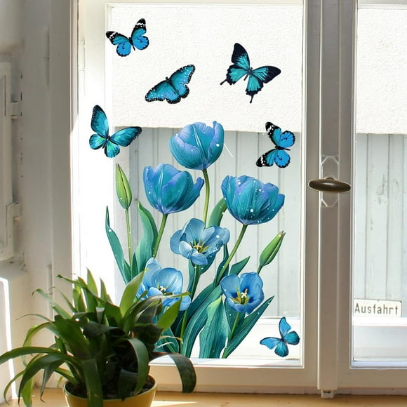 VBVC Blue Flower Window Stickers Double Sided Visible Glass Stickers Removable